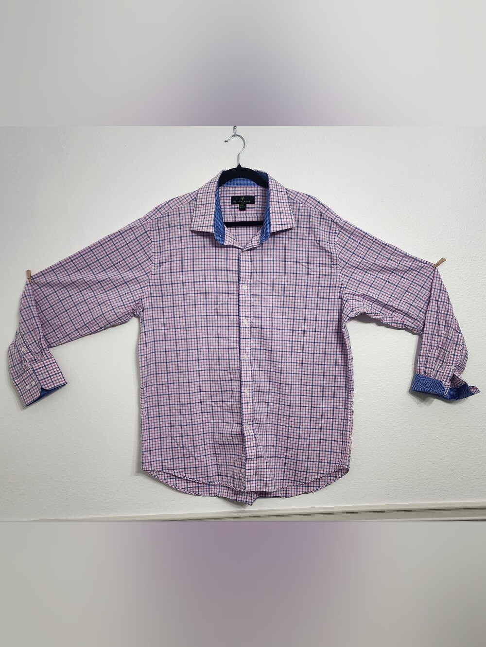 Bristol & Bull Button Up Mens Pink Blue Plaid Contrast Flip Cuff & neck Shirt